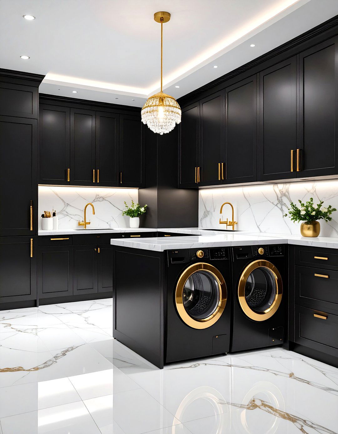 Black with Gold Hardware Glamour - 24 black laundry room ideas