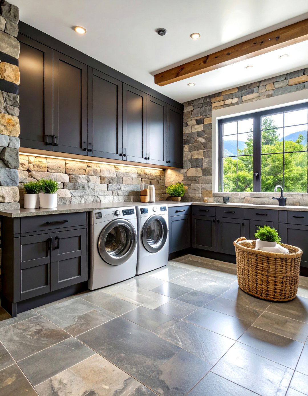Black with Natural Stone Elements - 24 black laundry room ideas