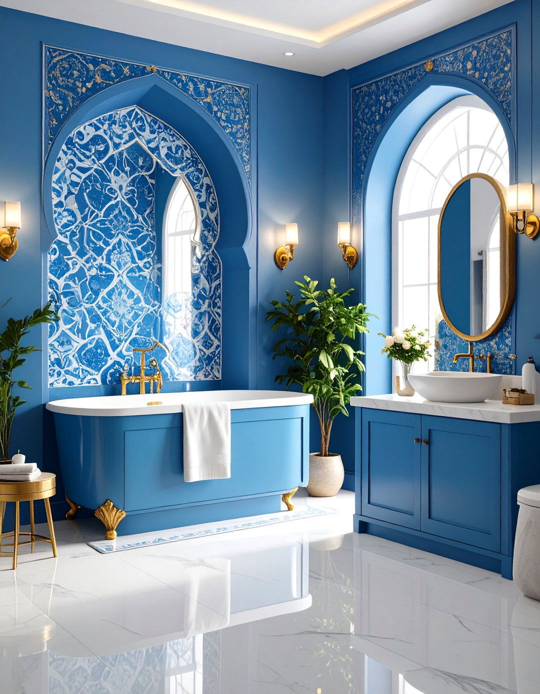 Blue Arabesque Pattern Bathroom Backsplash - 24 Blue Tile Bathroom Ideas