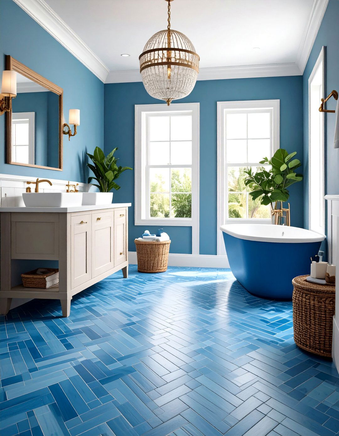 Blue Basket Weave Pattern Tile Floor - 24 Blue Tile Bathroom Ideas