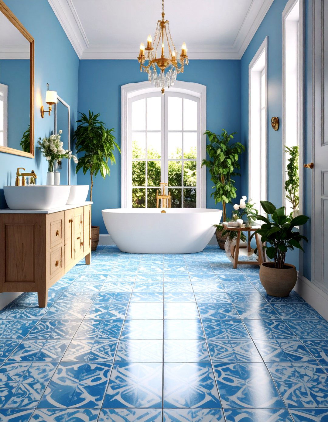 Blue Cement Tile Patterned Floor Design - 24 Blue Tile Bathroom Ideas