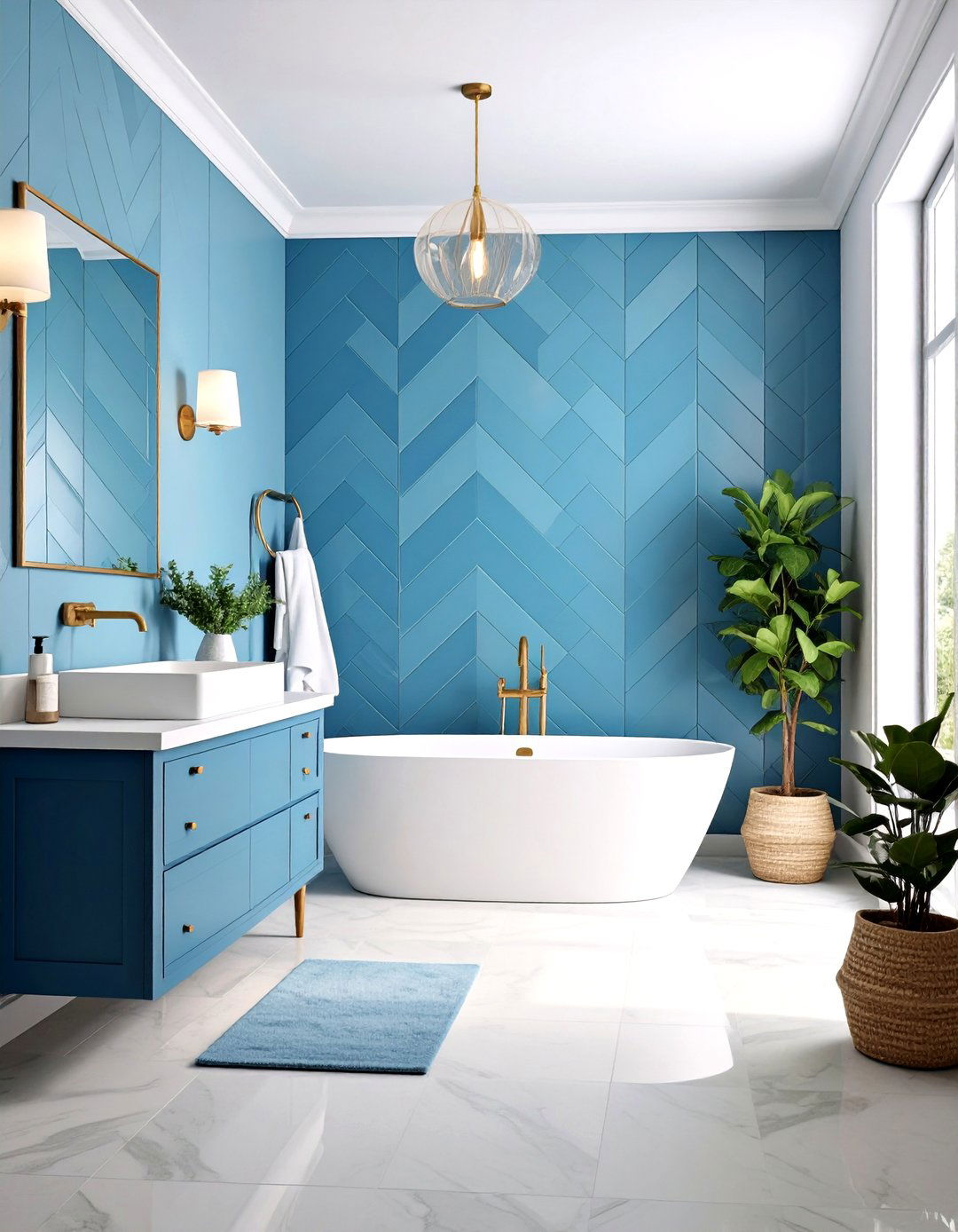 Blue Chevron Pattern Wall Installation - 24 Blue Tile Bathroom Ideas