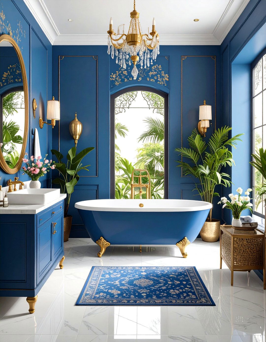 Blue Chinoiserie Wallpaper with Brass Fixtures - 24 blue powder room ideas