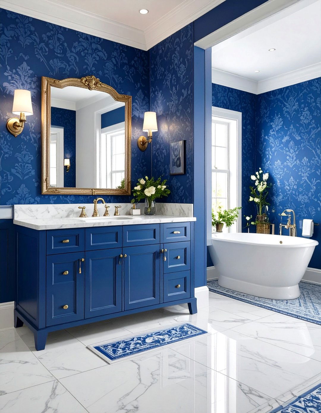 Blue Damask Wallpaper with Traditional Fixtures - 24 blue powder room ideas