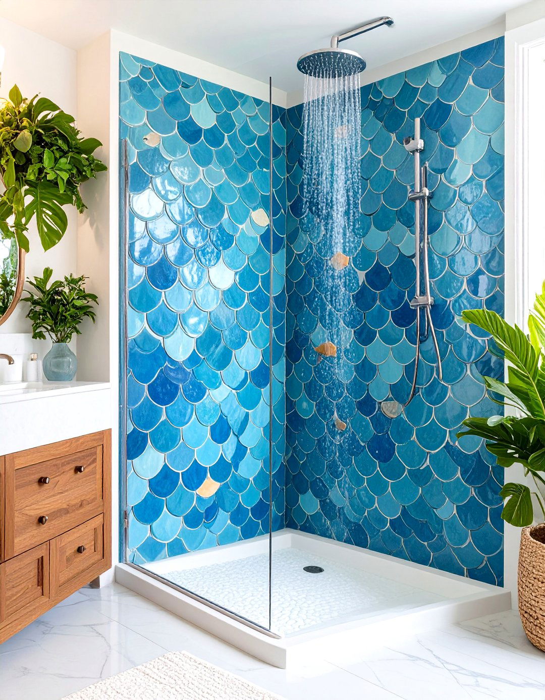 Blue Fish Scale Tile Shower Feature - 24 Blue Tile Bathroom Ideas