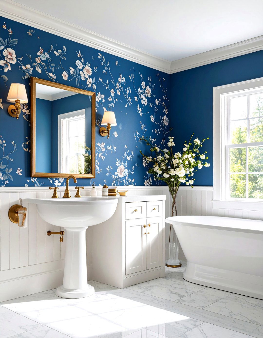 Blue Floral Wallpaper with White Wainscoting - 24 blue powder room ideas