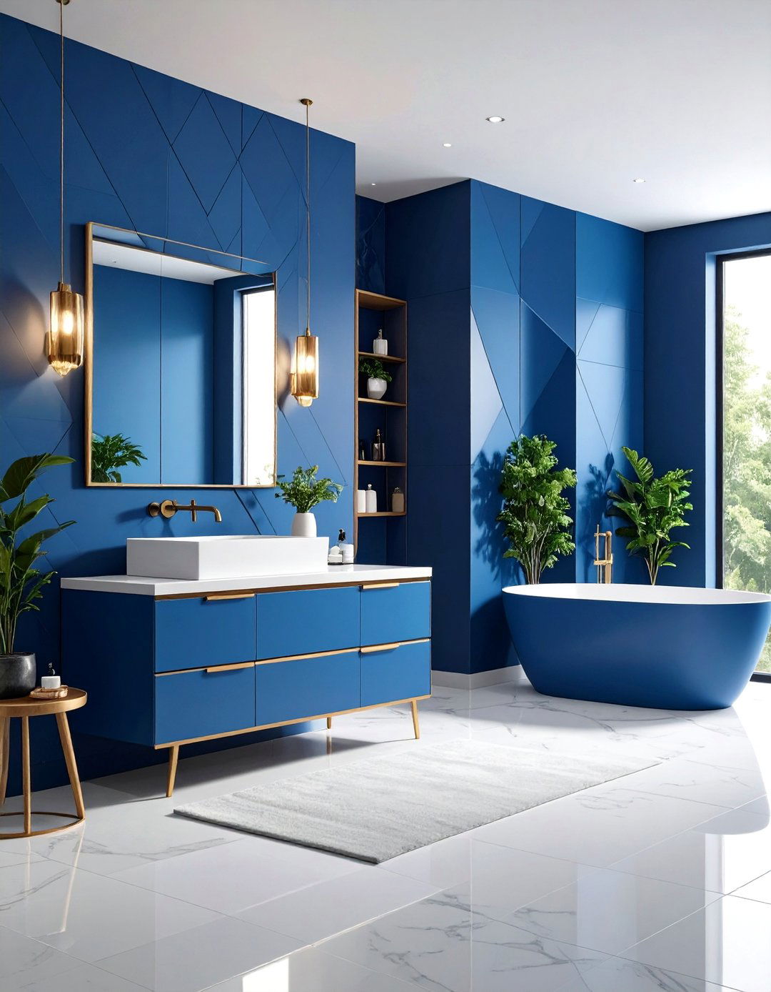 Blue Geometric Pattern Mixed Material Design - 24 Blue Tile Bathroom Ideas