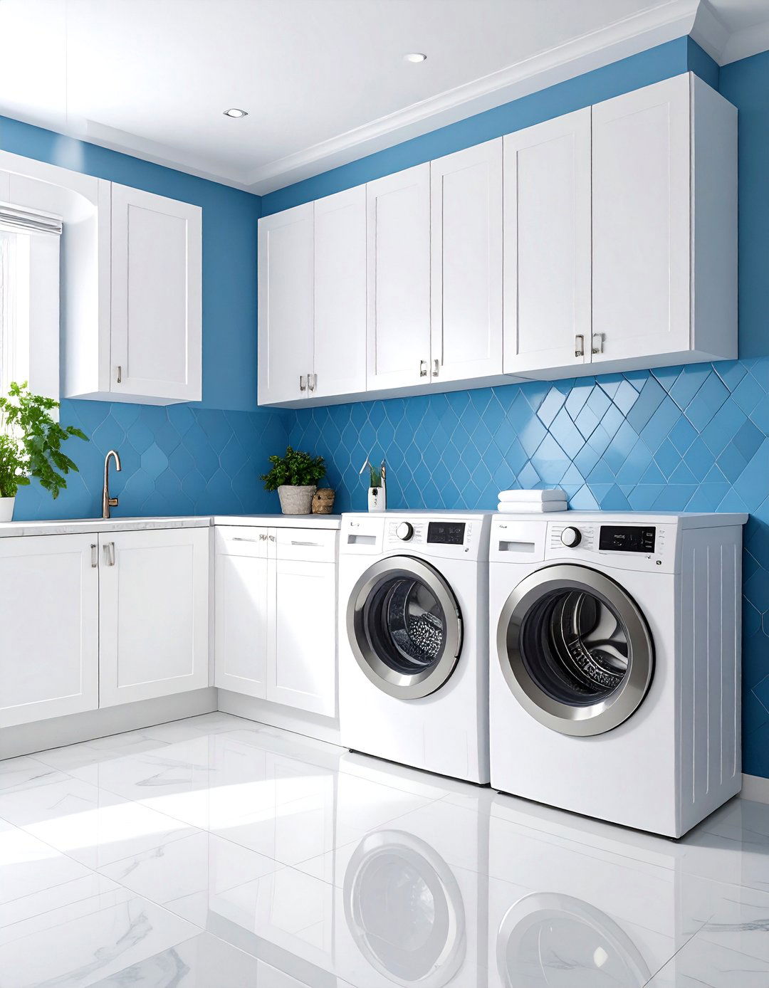 Blue Geometric Tile Backsplash Focus - 24 Blue Laundry Room Ideas