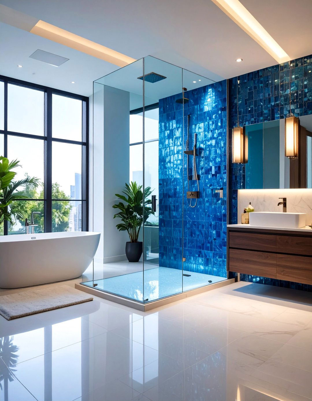 Blue Glass Mosaic Shower Accent Wall - 24 Blue Tile Bathroom Ideas
