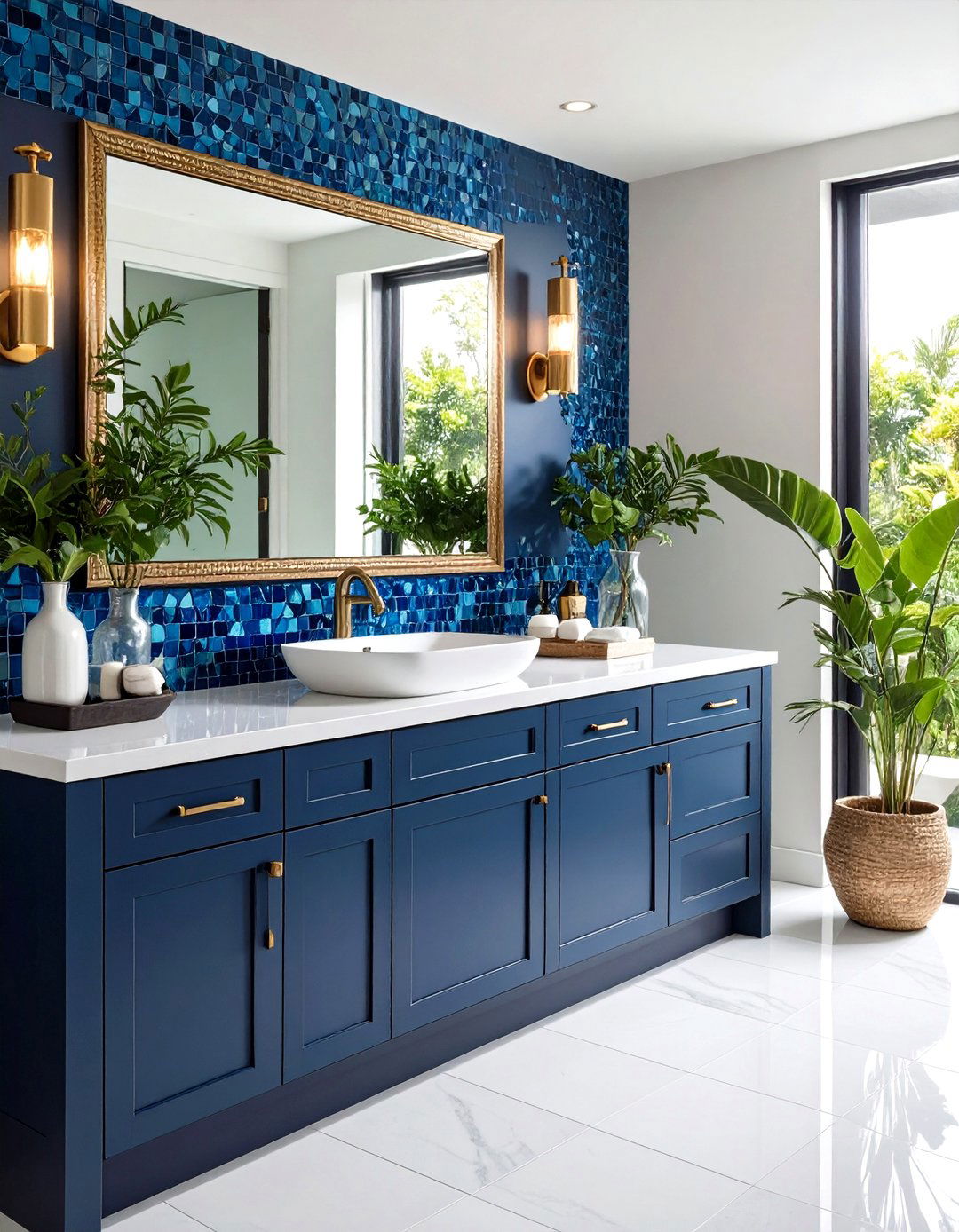 Blue Glass Mosaic Tiles with Black Trim - 24 black and blue bathroom ideas