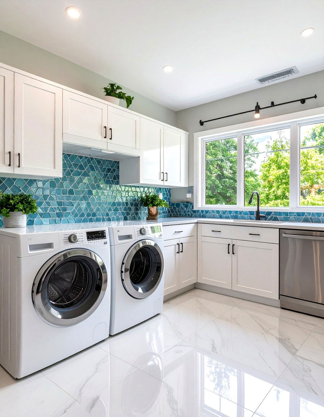 Blue Glass Tile Backsplash Accent - 24 Blue Laundry Room Ideas
