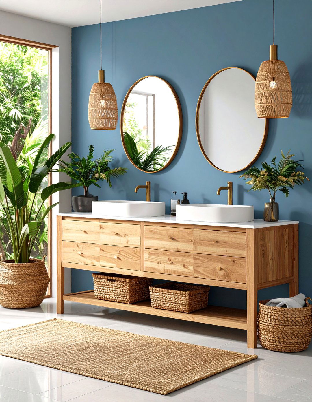 Blue Grasscloth Wallpaper with Natural Textures - 24 blue powder room ideas
