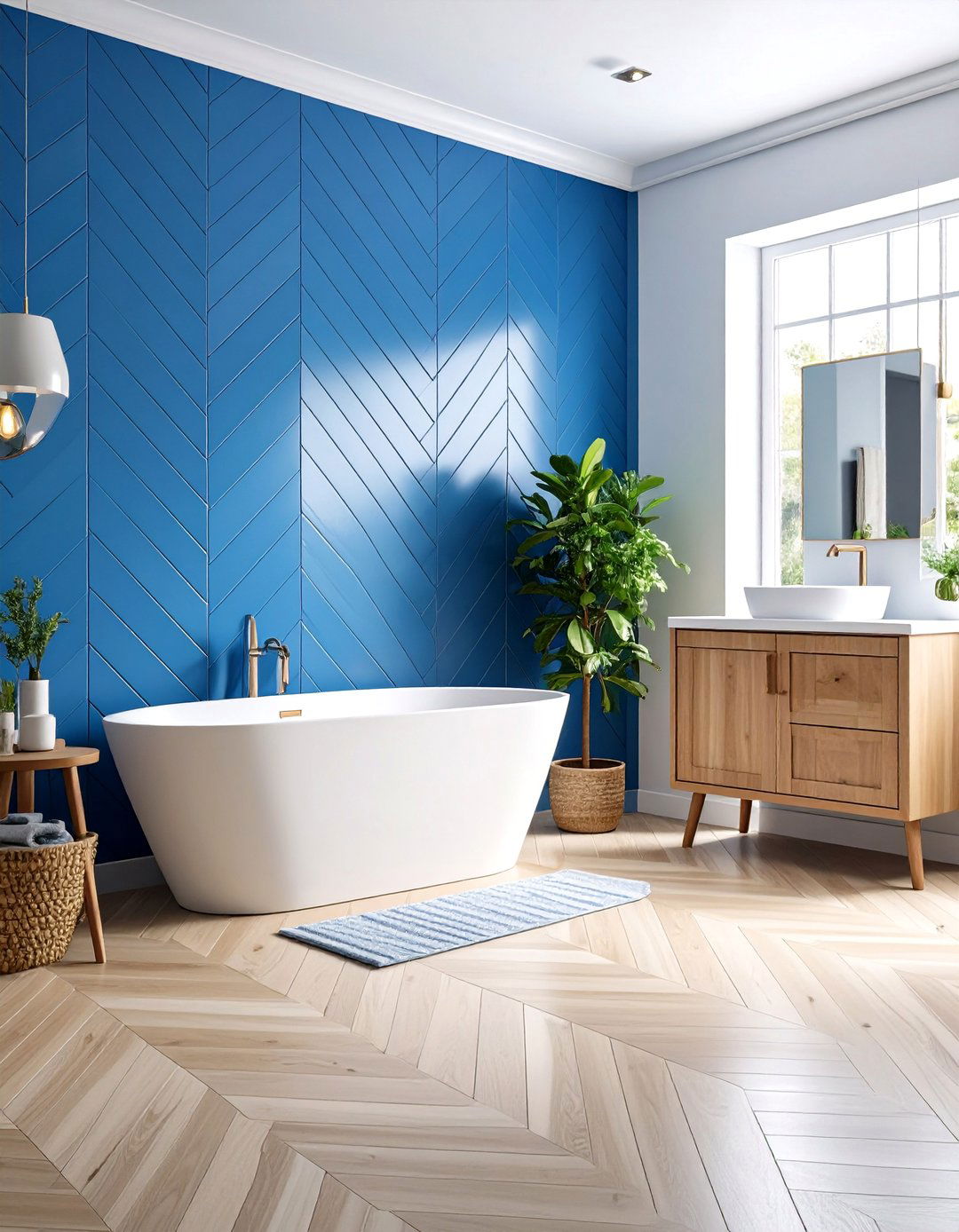 Blue Herringbone Pattern Wall Installation