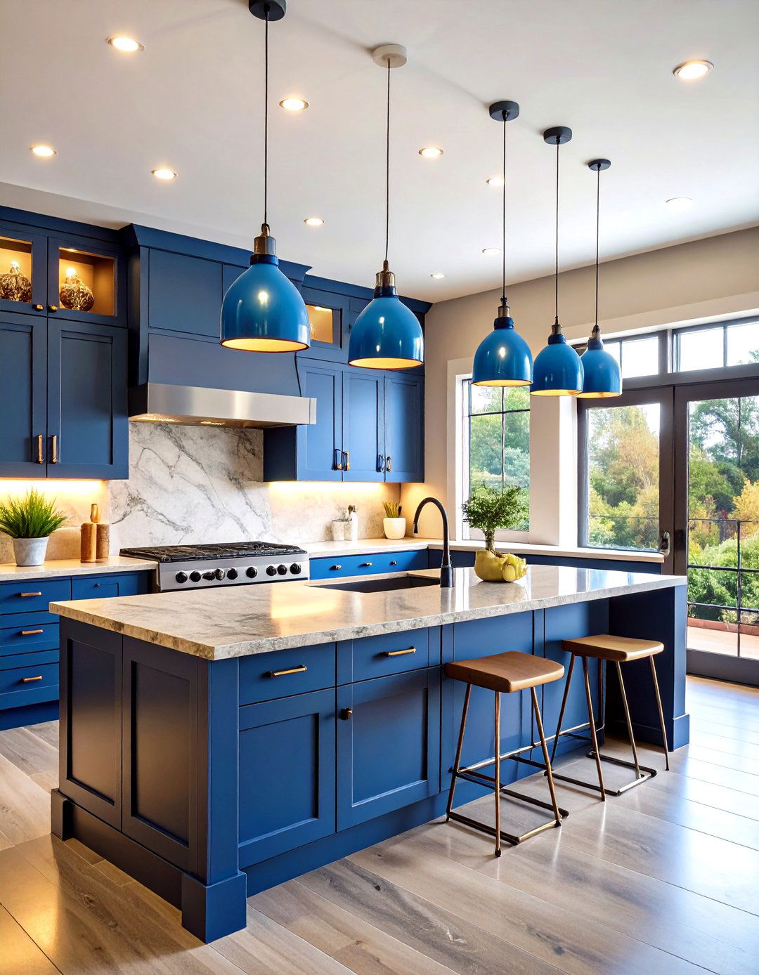 Blue Kitchen Lighting with Neutral Cabinets - 24 Blue Kitchen Ideas