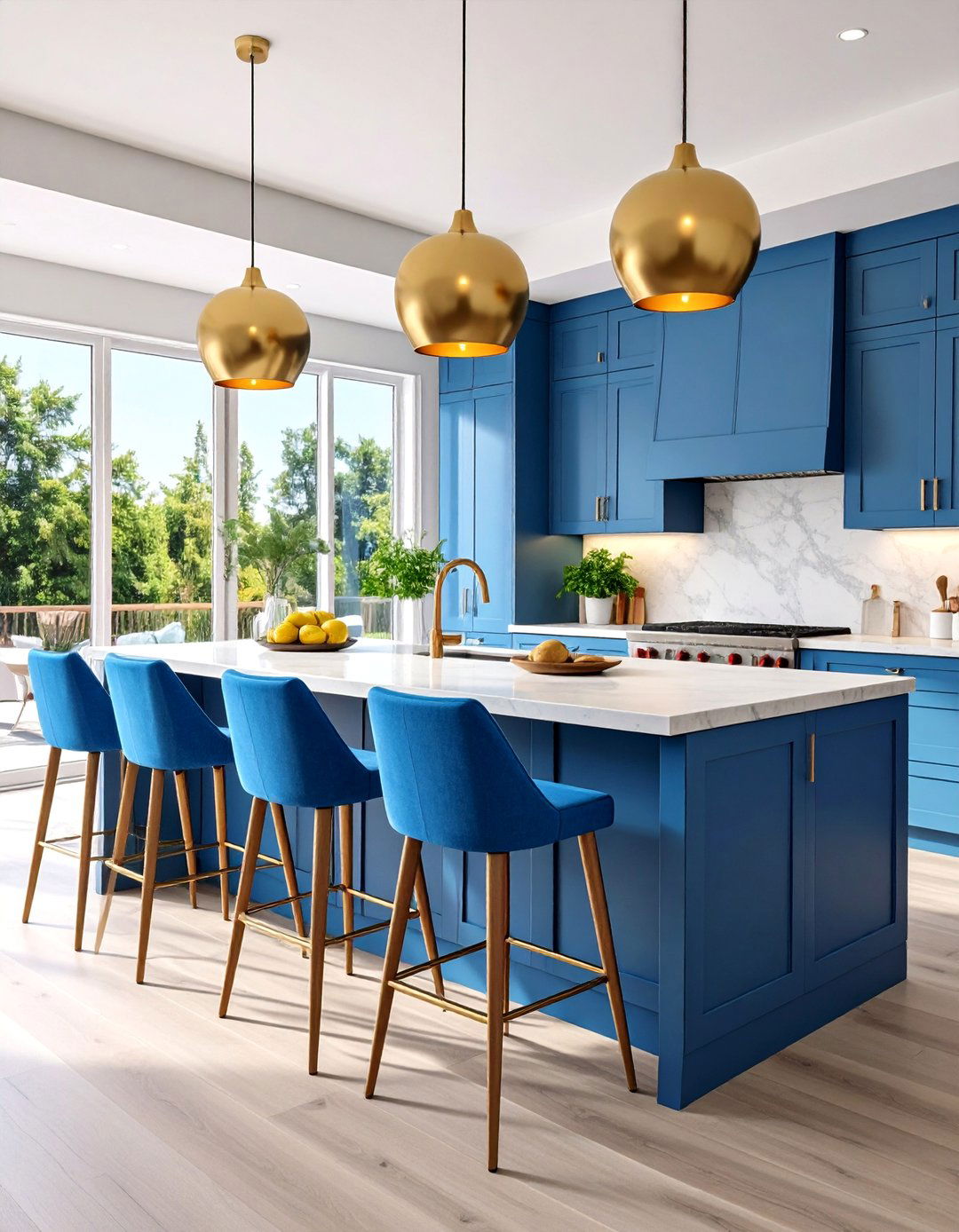 Blue Kitchen Stools with Neutral Island - 24 Blue Kitchen Ideas