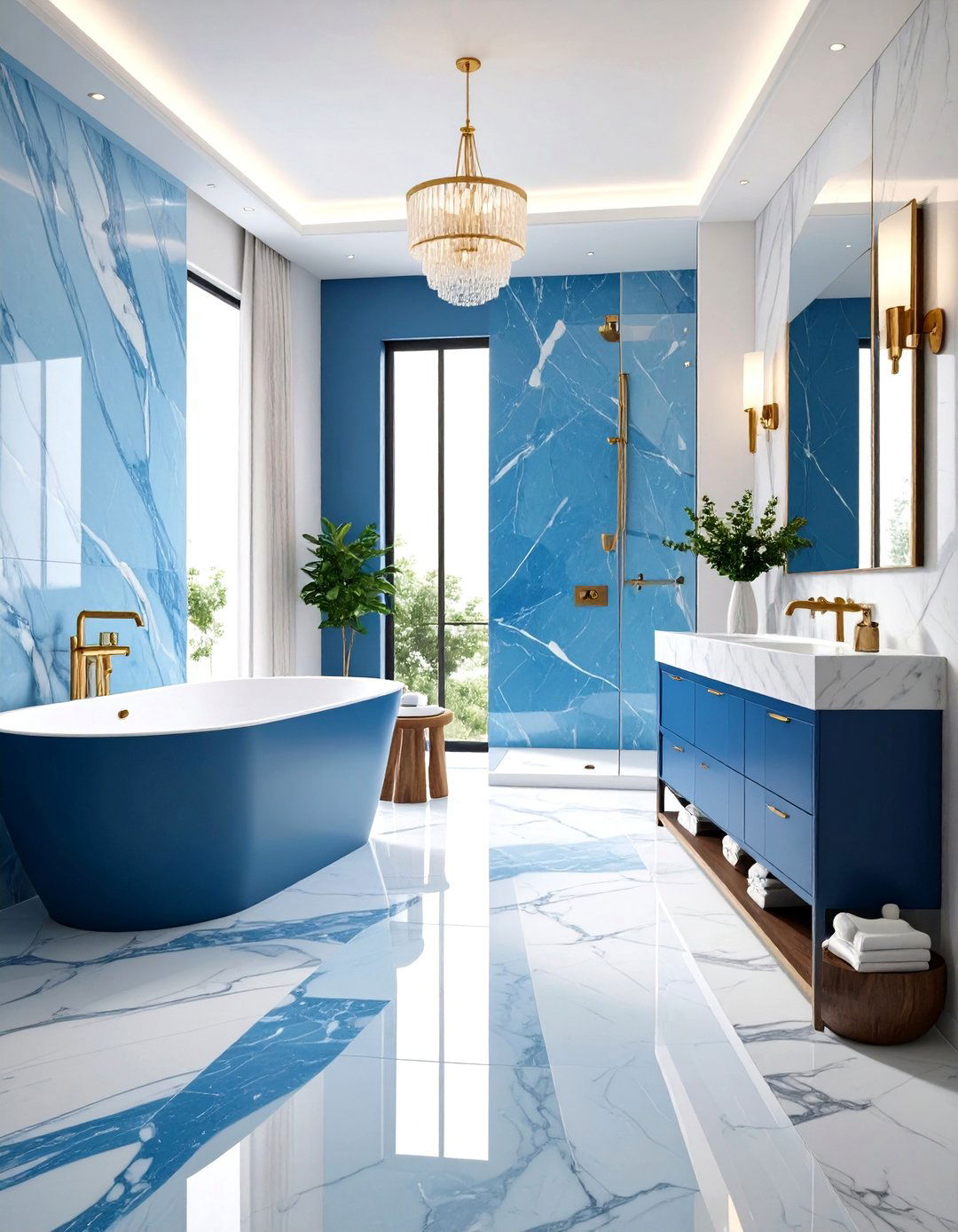 Blue Marble Look Porcelain Tile Design - 24 Blue Tile Bathroom Ideas