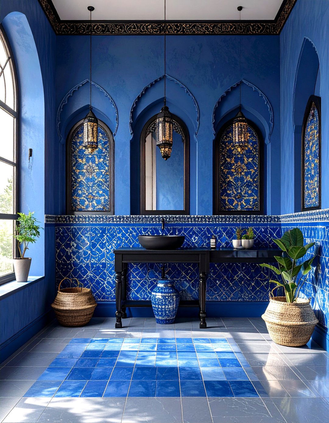 Blue Moroccan Tiles with Black Frames - 24 black and blue bathroom ideas
