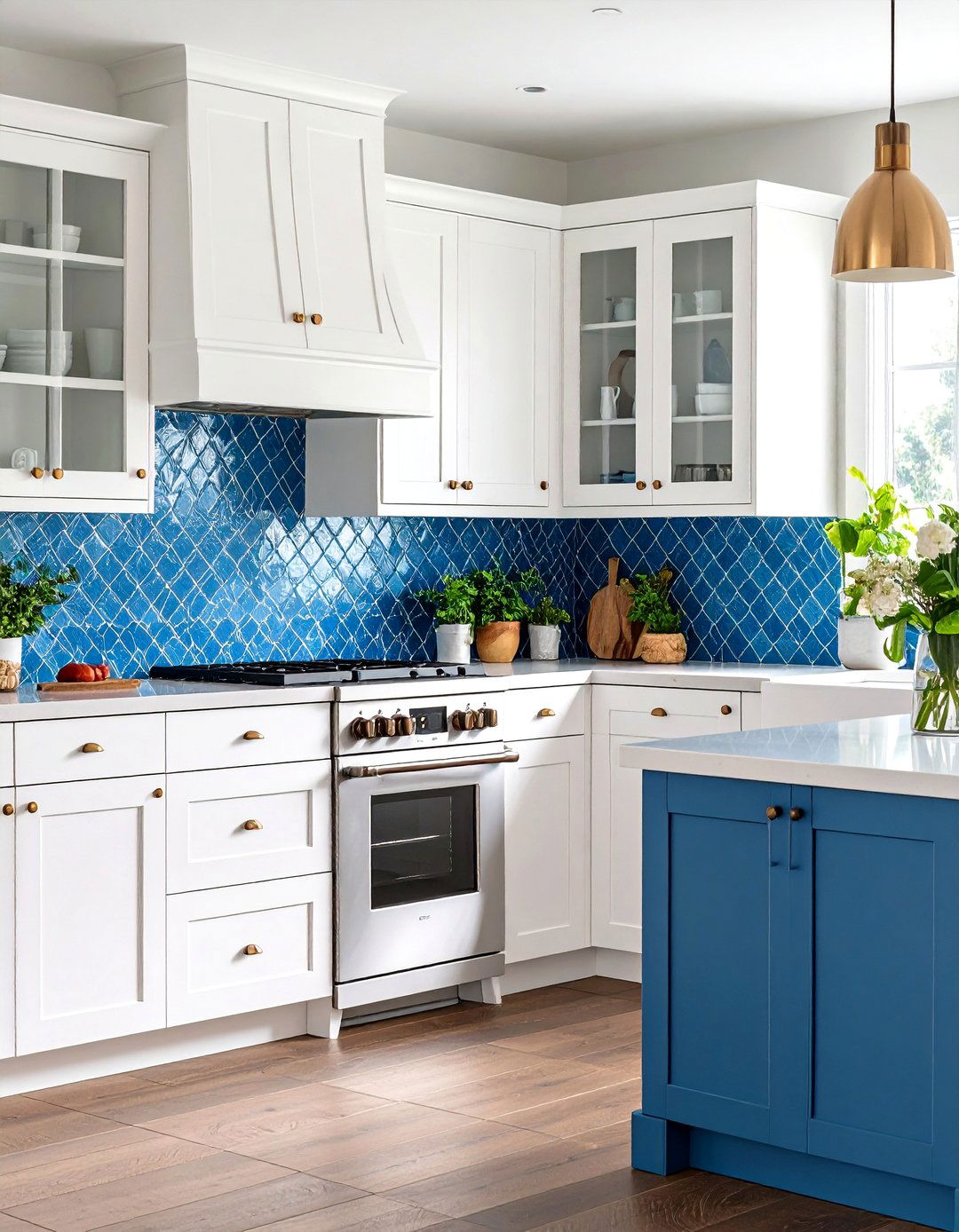 Blue Mosaic Tile Backsplash with White Shaker Cabinets - 24 Blue and White Kitchen Ideas