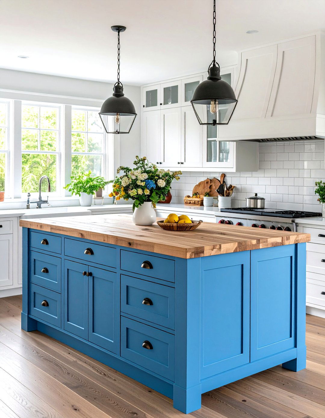 Blue Painted Kitchen Island with Butcher Block Top - 24 Blue and White Kitchen Ideas