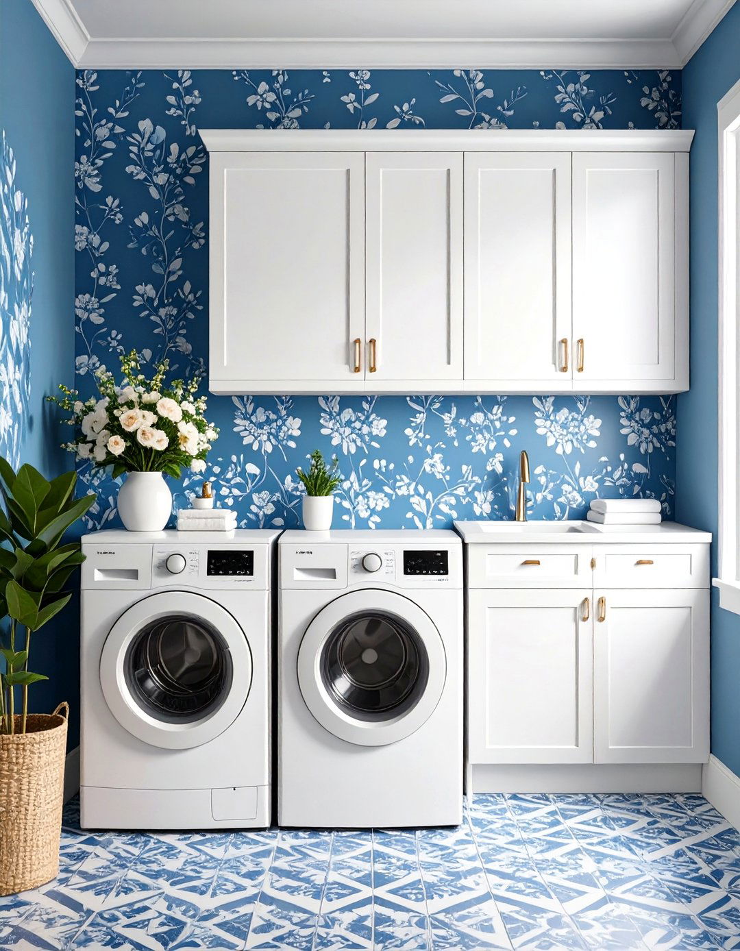 Blue Pattern Wallpaper Feature - 24 Blue Laundry Room Ideas