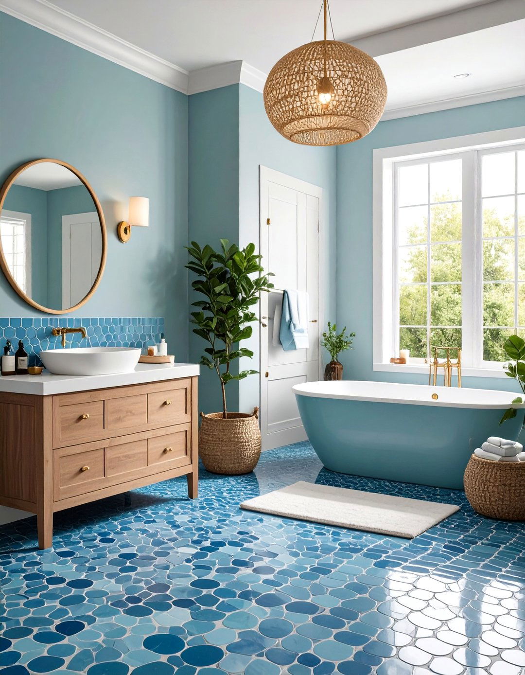 Blue Penny Round Mosaic Tile Design - 24 Blue Tile Bathroom Ideas