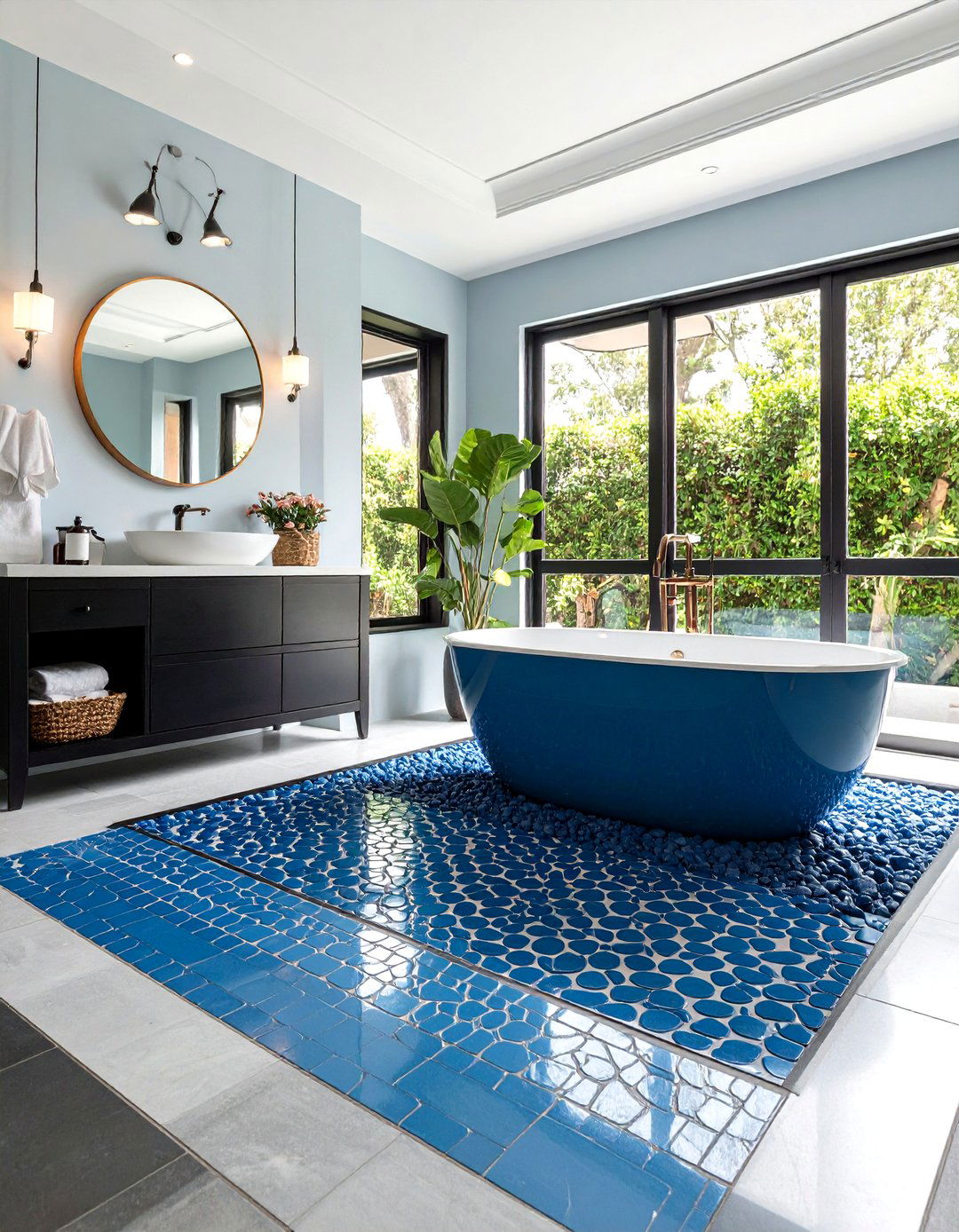 Blue Penny Tiles with Black Border - 24 black and blue bathroom ideas