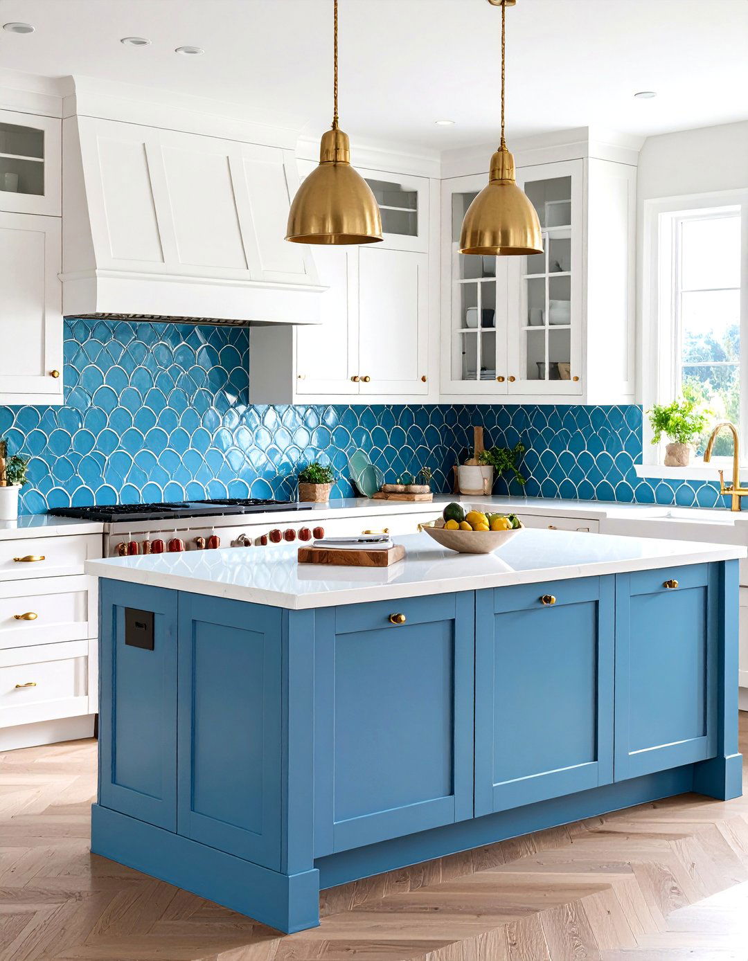 Blue Scallop Tile Backsplash with White Cabinets - 24 Blue and White Kitchen Ideas