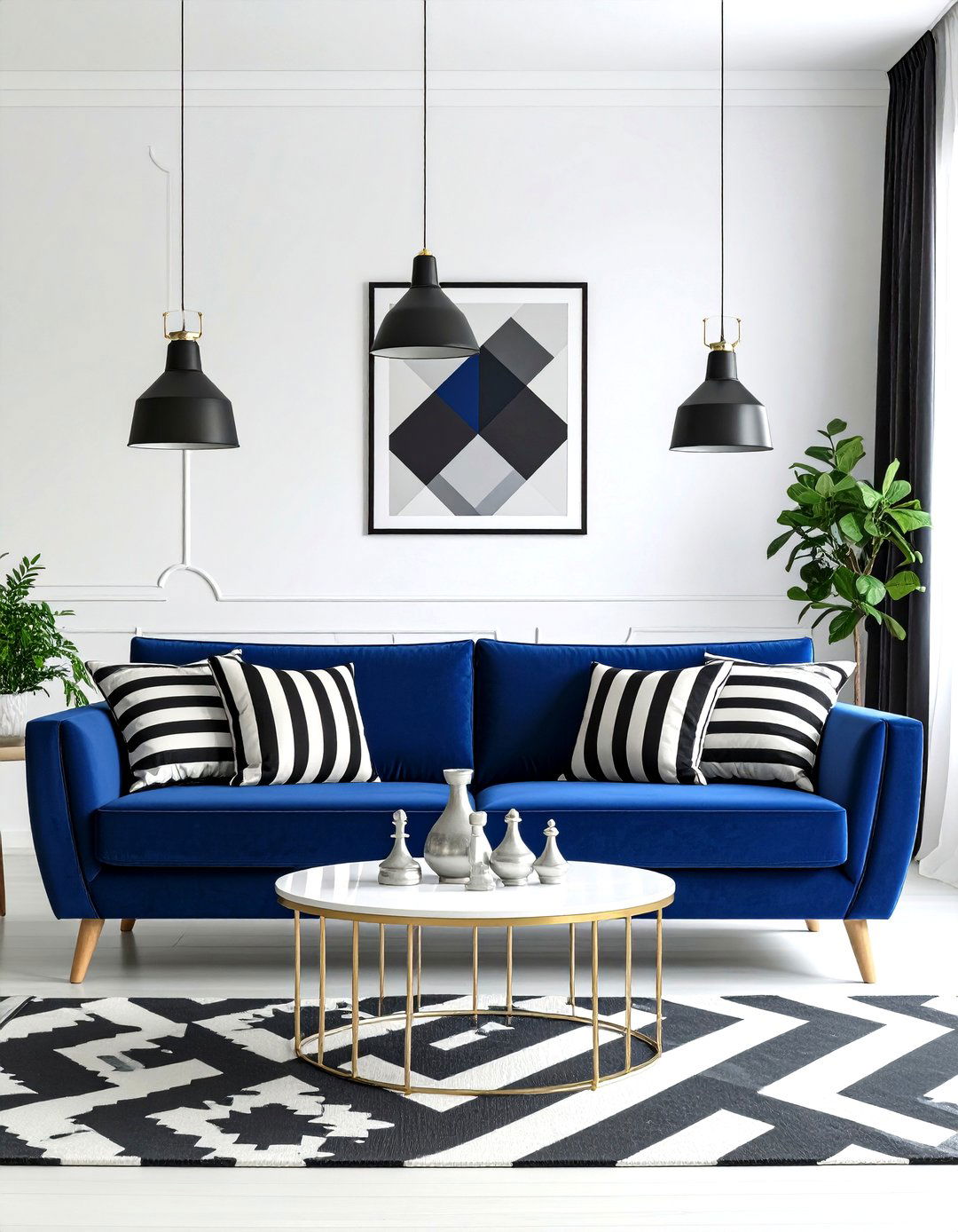 Blue Sofa with Black and White Accents - 24 Blue Couch Living Room Ideas