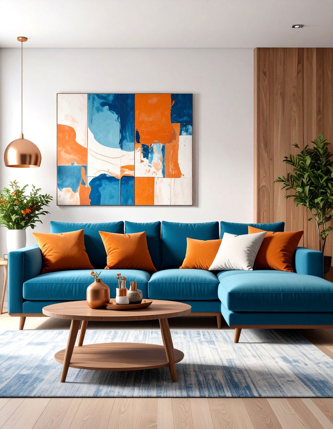Blue Sofa with Bold Orange Contrasts - 24 Blue Couch Living Room Ideas