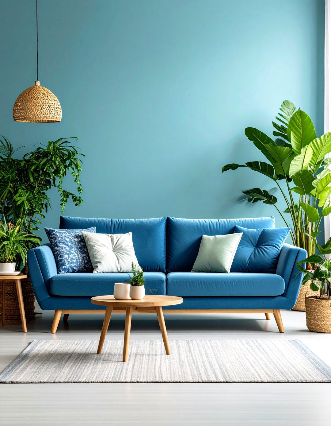 Blue Sofa with Green Natural Elements - 24 Blue Couch Living Room Ideas