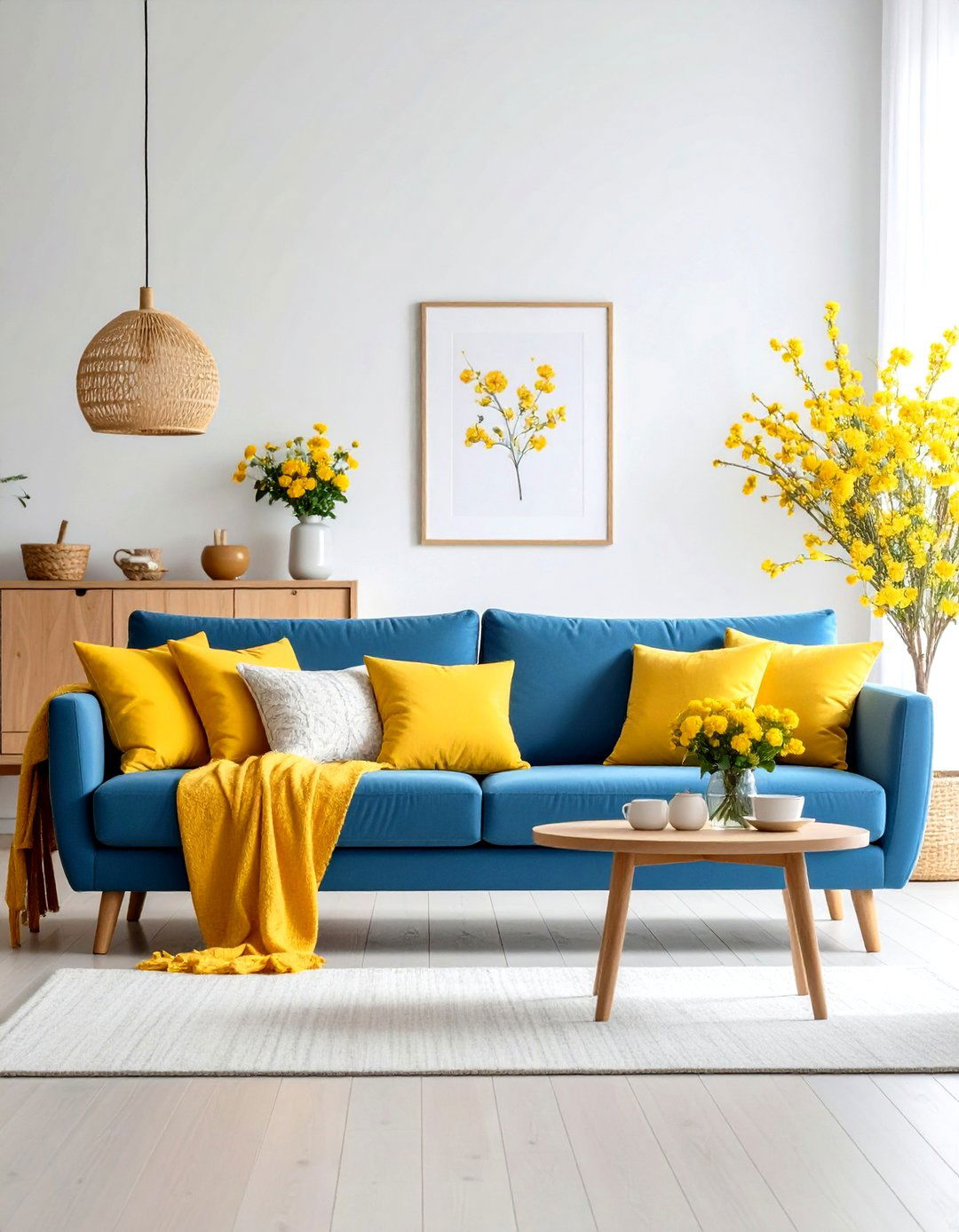Blue Sofa with Yellow Sunshine Accents - 24 Blue Couch Living Room Ideas