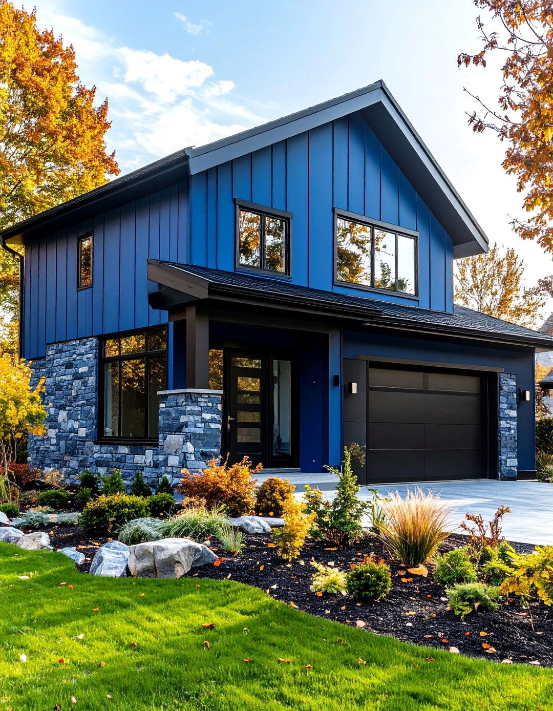 Blue Stone Texture Siding With Black Metal Panels - 24 Dark Blue House With Black Trim