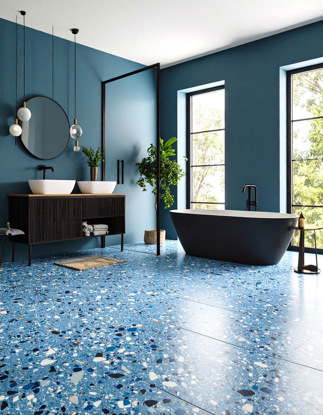 Blue Terrazzo Floors with Black Metal Accents - 24 black and blue bathroom ideas