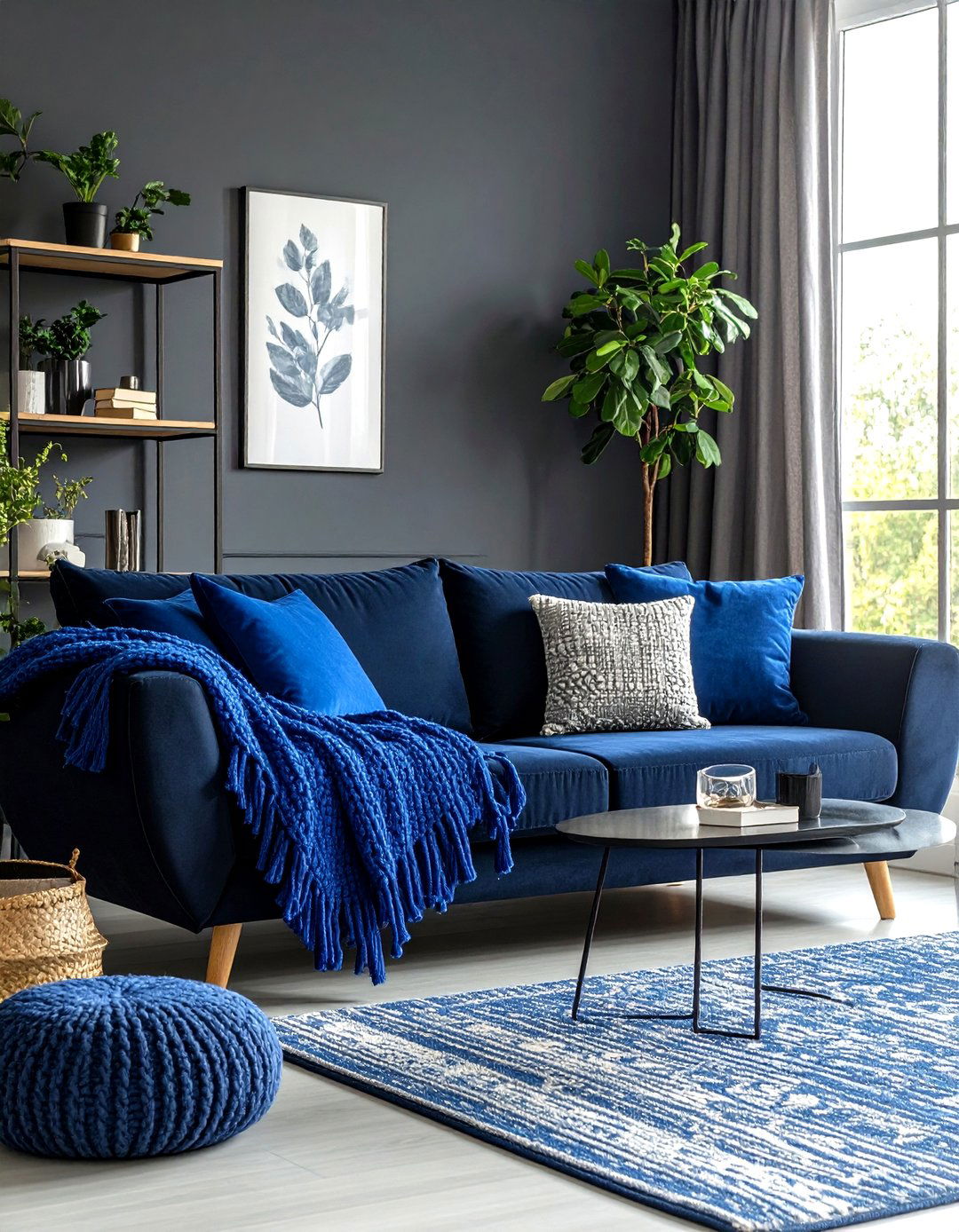 Blue Throw Blankets on Black Furniture - 24 Black and Blue Living Room Ideas