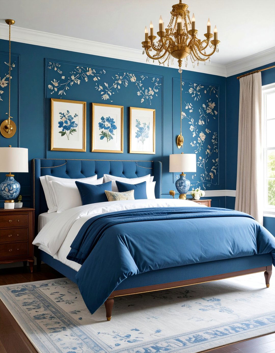 Blue Toile Wallpaper with Gold Frame Gallery Wall - 24 Blue and Gold Bedroom Ideas