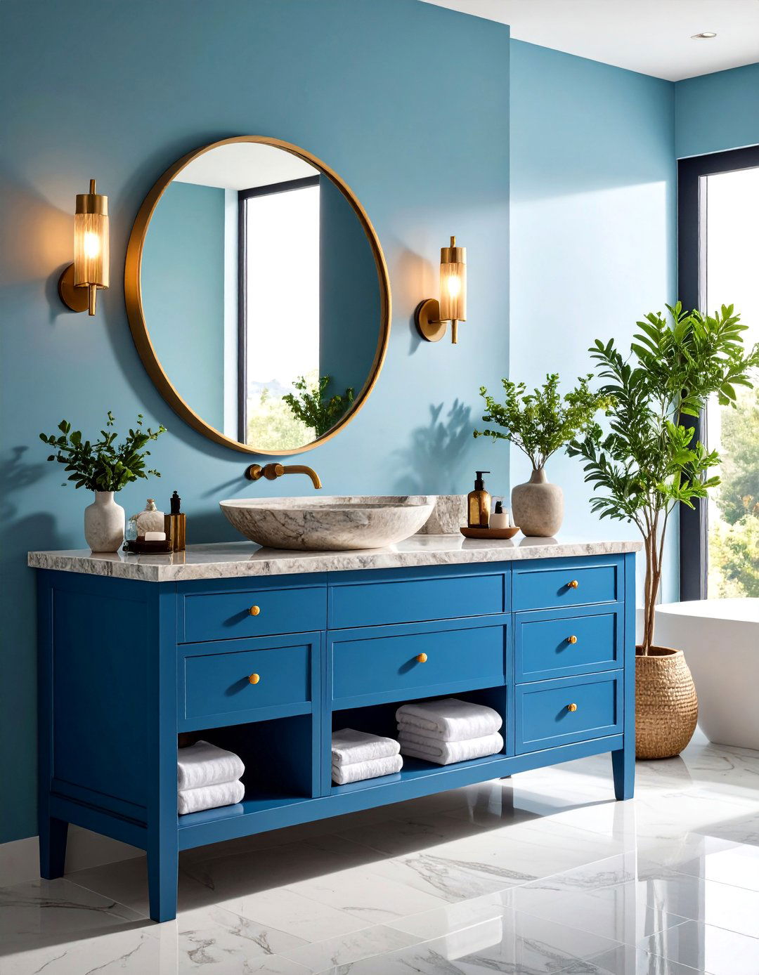 Blue Vanities with Natural Stone Countertops - 24 Blue Bathroom Vanity Ideas