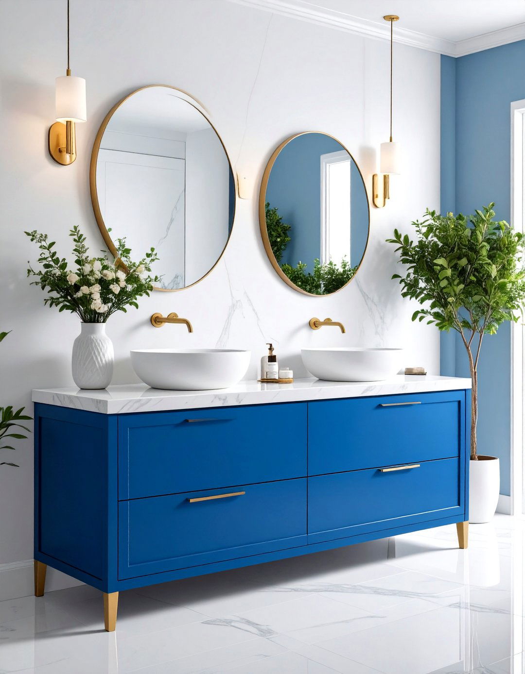 Blue Vanities with White Quartz Countertops - 24 Blue Bathroom Vanity Ideas