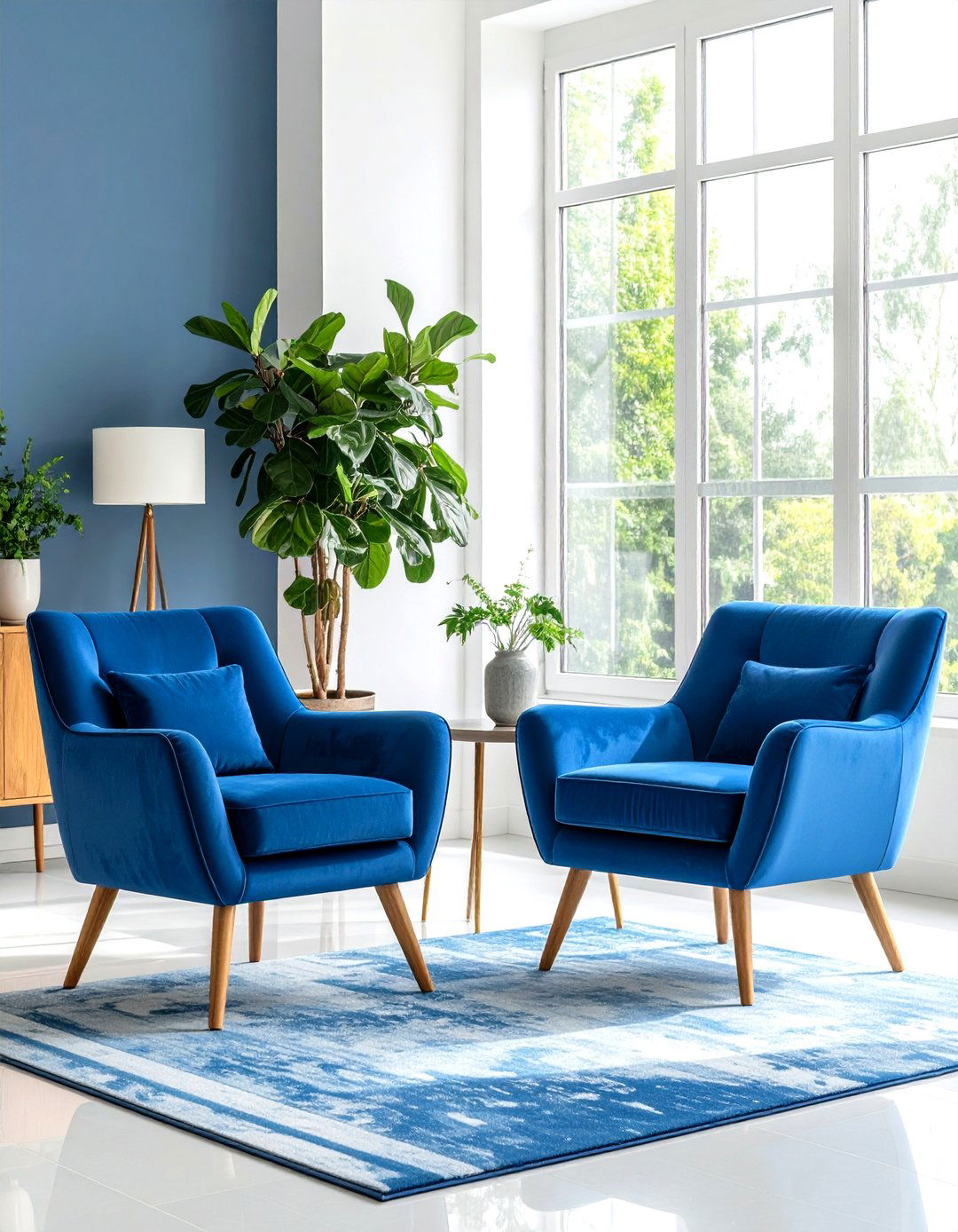 Blue Velvet Dining Chairs in Open Living Spaces - 24 Black and Blue Living Room Ideas