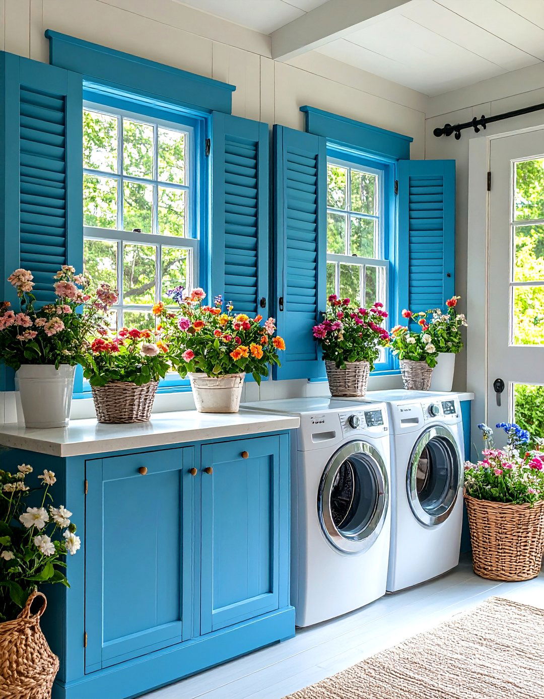 Blue Window Trim and Shutters - 24 Blue Laundry Room Ideas