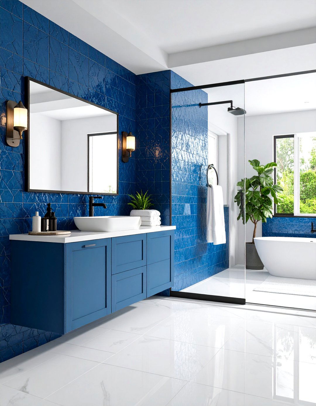 Blue Zellige Tiles with Black Grout - 24 black and blue bathroom ideas