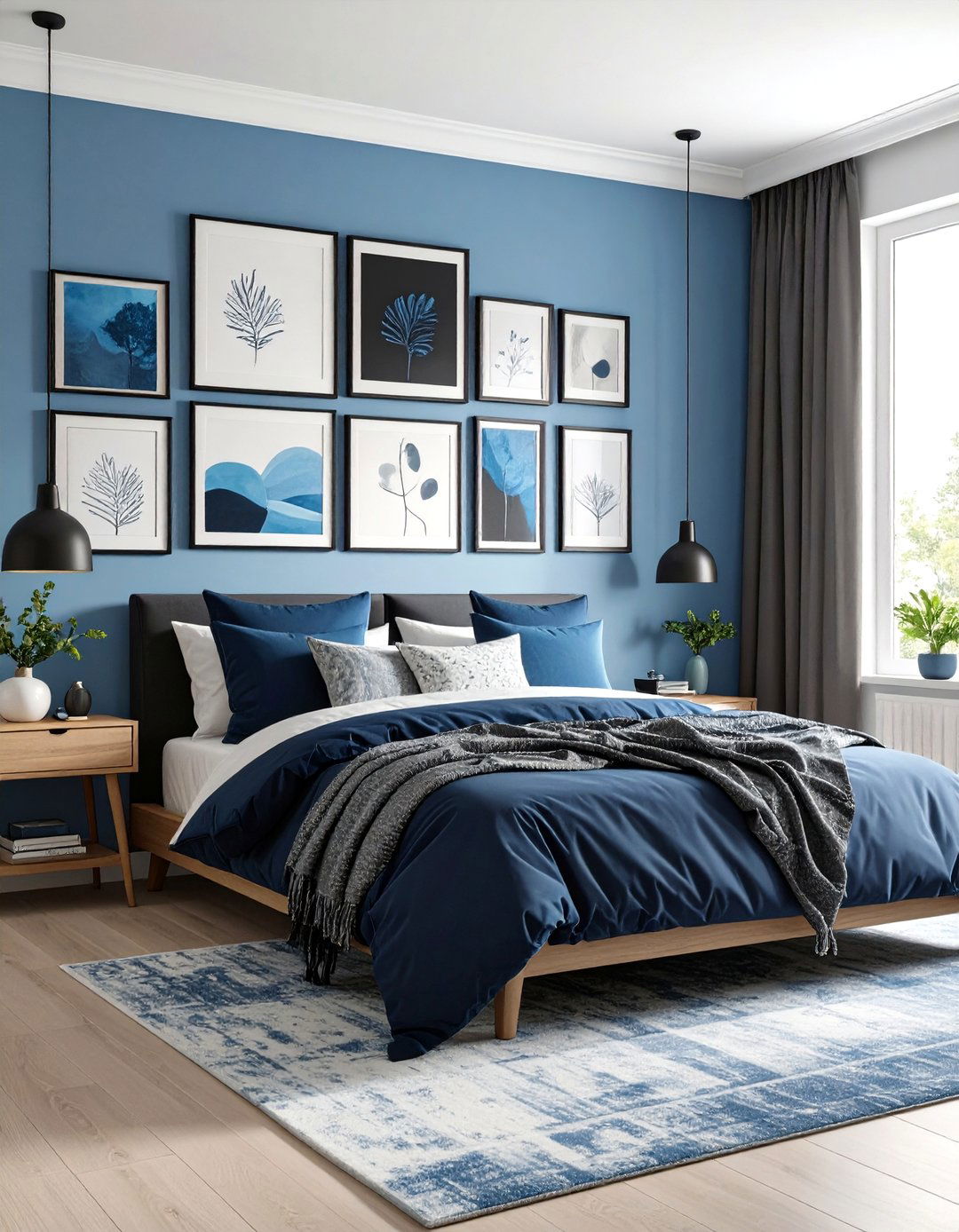 Blue and Black Art Gallery Wall - 24 Black and Blue Bedroom Ideas