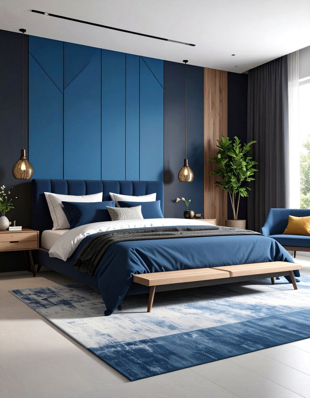 Blue and Black Modern Geometric Walls - 24 Black and Blue Bedroom Ideas