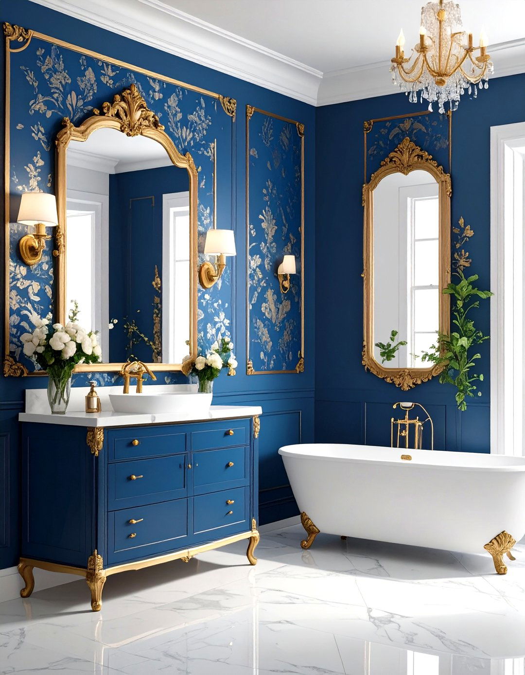 Blue and Gold Damask Wallpaper Elegance - 24 Blue and Gold Bathroom Ideas