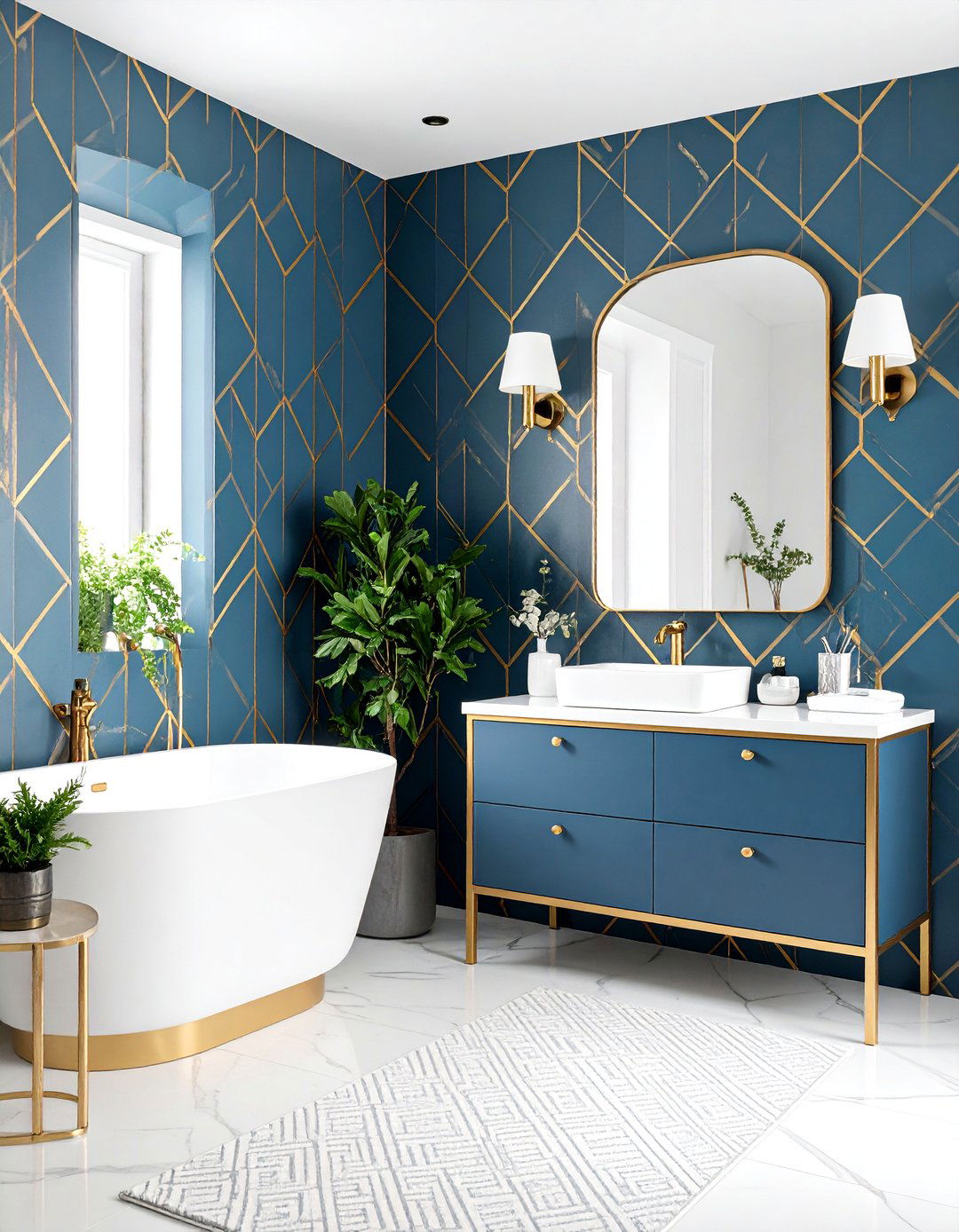Blue and Gold Geometric Wallpaper Sophistication - 24 Blue and Gold Bathroom Ideas