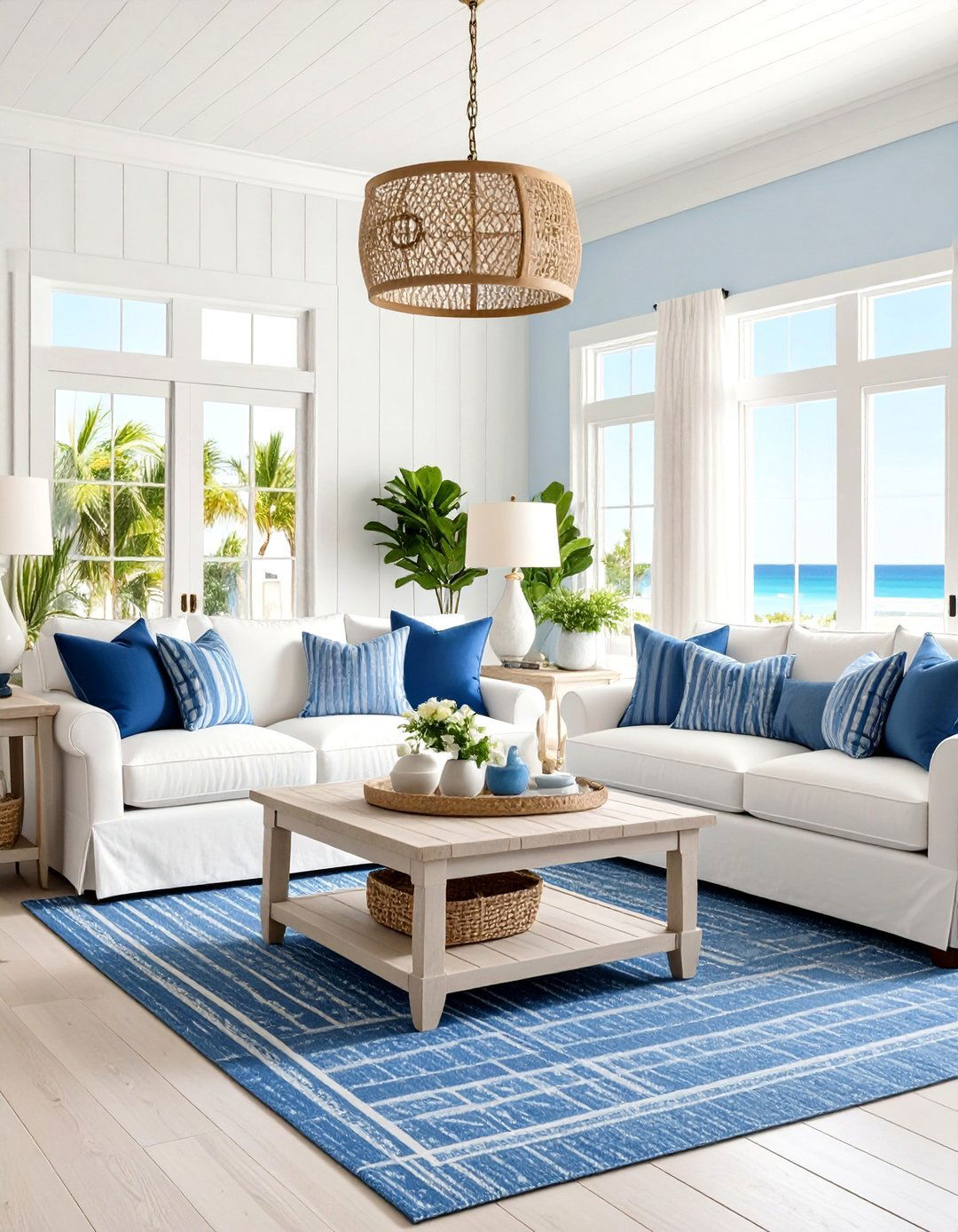 Blue and White Classic Coastal - 24 Beach House Living Room Ideas