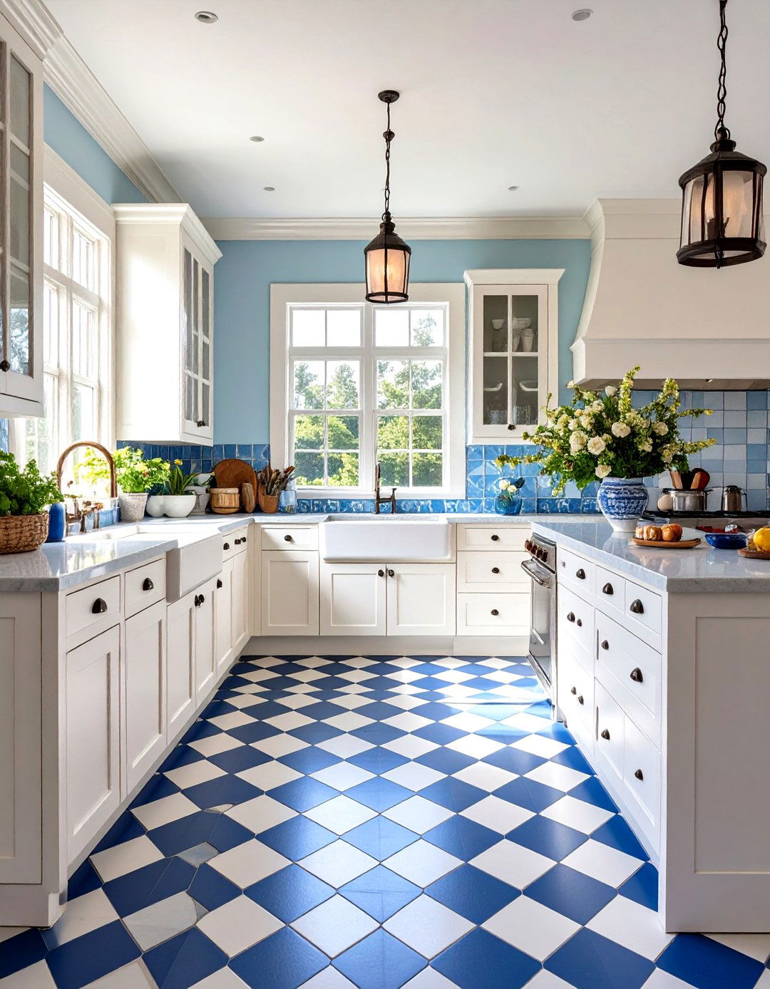 Blue and White Coastal Checkered Kitchen - 24 Kitchens With Checkered Floors