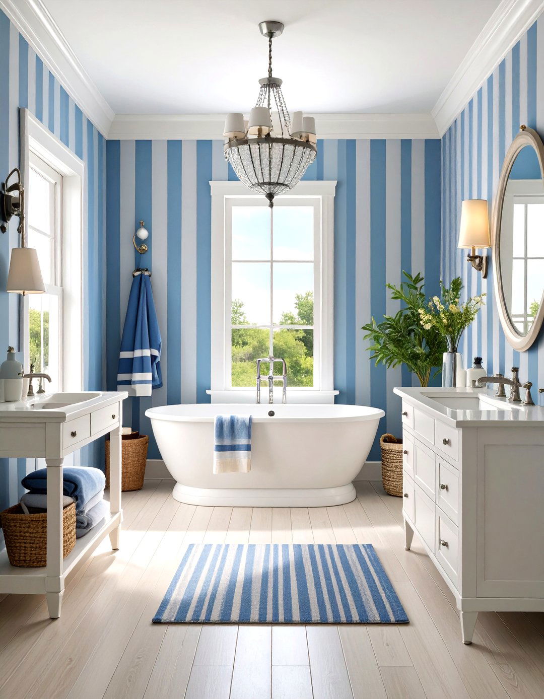 Blue and White Striped Wallpaper - 24 blue powder room ideas