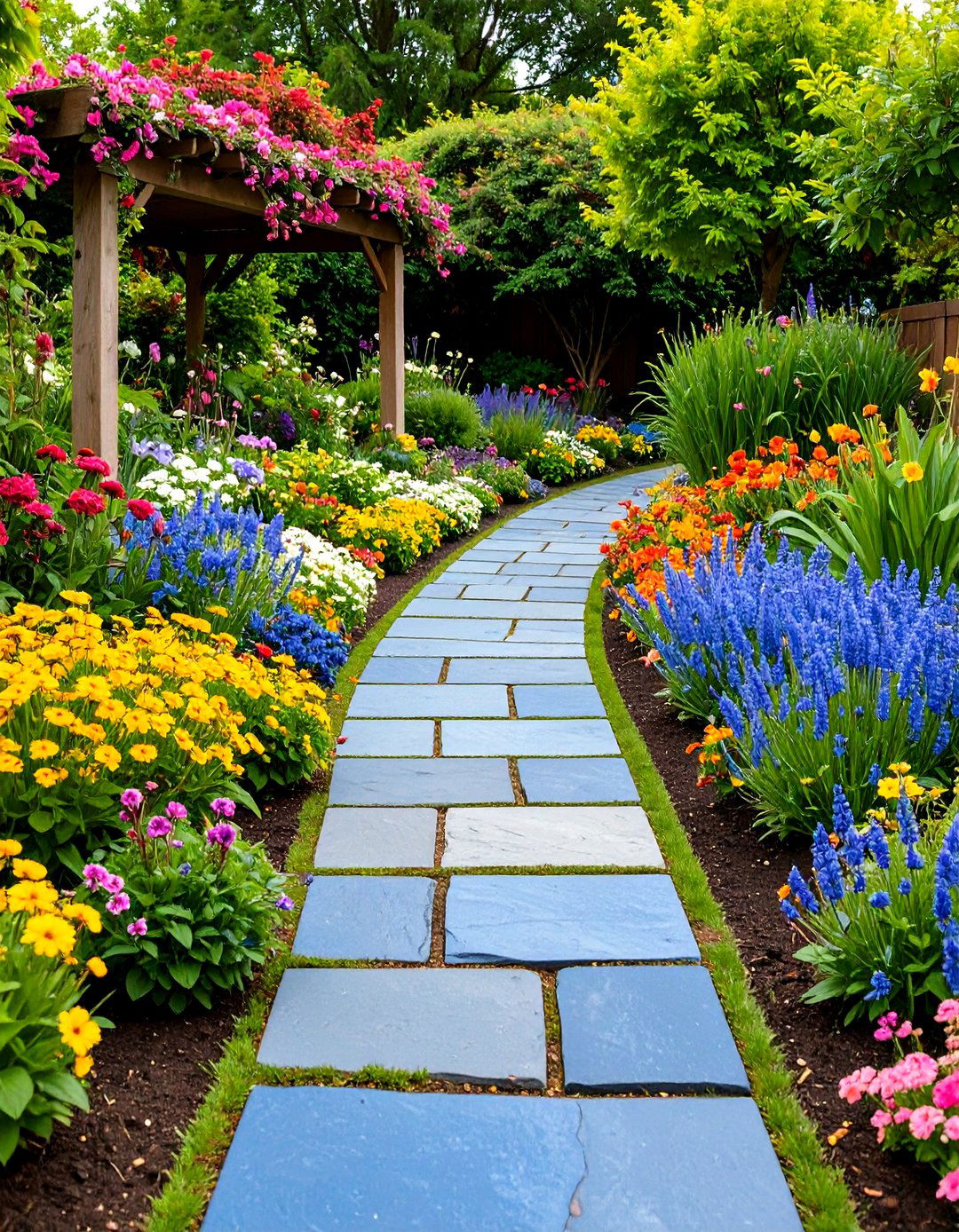 Bluestone Path with Seasonal Flower Borders - 24 Bluestone Walkway Ideas