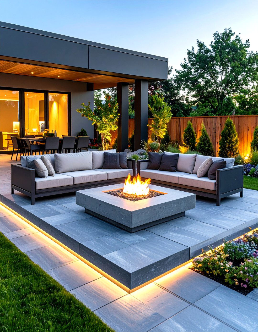 Bluestone Stamped Concrete Patio with Square Fire Pit - 24 stamped concrete patio with fire pit ideas