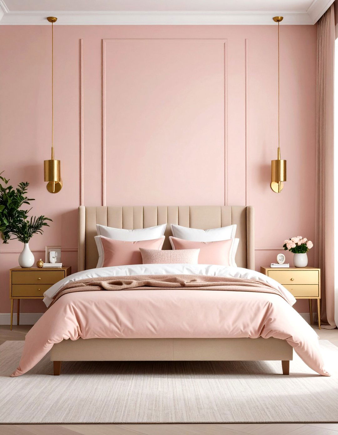 Blush Pink Accent Wall with Gold Wall Sconces - 24 Pink and Gold Bedroom Ideas